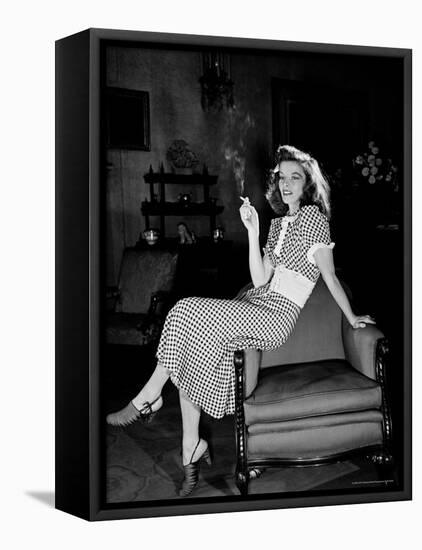 Katharine Hepburn in chair Smoking Cigarette in Scene from Broadway Show "The Philadelphia Story"-Alfred Eisenstaedt-Framed Premier Image Canvas