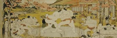 A Triptych Showing a Draw in the Bout Between Onogawa and Tanikaze woodblock print on paper-Katsukawa Shunei-Giclee Print