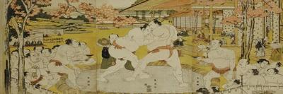 A Triptych Showing a Draw in the Bout Between Onogawa and Tanikaze woodblock print on paper-Katsukawa Shunei-Giclee Print