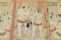 A Triptych Showing a Draw in the Bout Between Onogawa and Tanikaze woodblock print on paper-Katsukawa Shunei-Giclee Print
