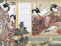 Japanese Women Reading and Writing (Colour Woodblock Print)-Katsukawa Shunsho-Giclee Print