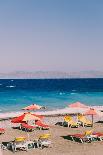 Beach with Yellow and Red Sunbeds, Umbrellas and Sea with Waves. Retro Styled Concept. Beautiful La-Katya_Havok-Framed Photographic Print