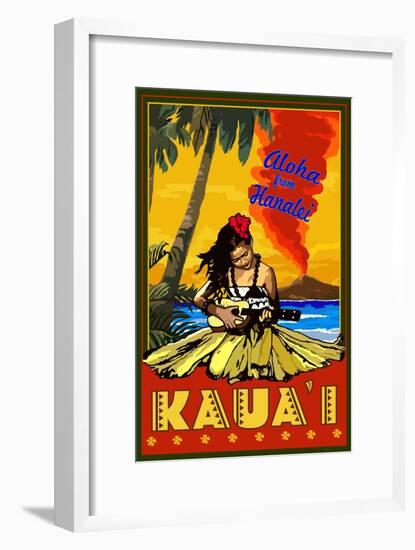 Kauai, Hawaii - Aloha from Hanalei - Hula Girl and Ukulele-Lantern Press-Framed Art Print