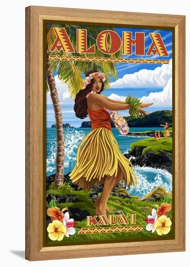 Kauai, Hawaii - Hula Girl on Coast-Lantern Press-Framed Stretched Canvas