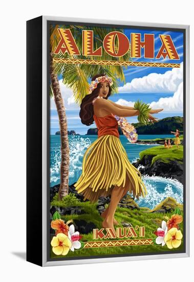 Kauai, Hawaii - Hula Girl on Coast-Lantern Press-Framed Stretched Canvas