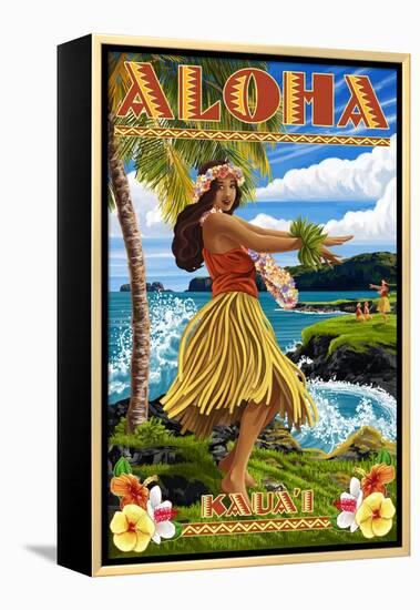 Kauai, Hawaii - Hula Girl on Coast-Lantern Press-Framed Stretched Canvas