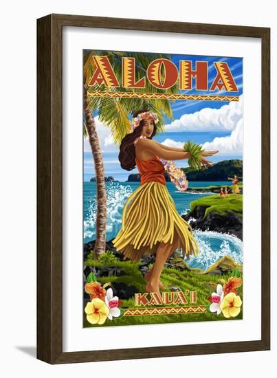 Kauai, Hawaii - Hula Girl on Coast-Lantern Press-Framed Premium Giclee Print