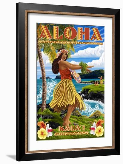 Kauai, Hawaii - Hula Girl on Coast-Lantern Press-Framed Premium Giclee Print