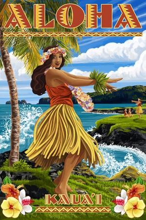Kauai, Hawaii - Hula Girl on Coast' Art Print - Lantern Press | Art.com