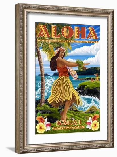 Kauai, Hawaii - Hula Girl on Coast-Lantern Press-Framed Art Print