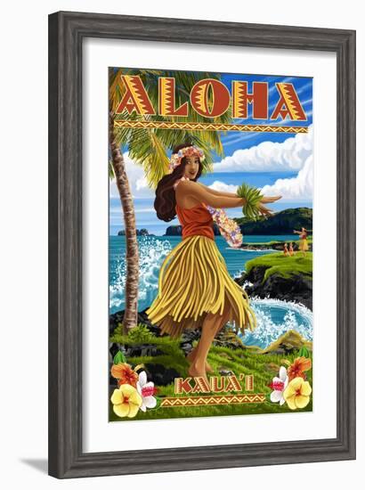 Kauai, Hawaii - Hula Girl on Coast-Lantern Press-Framed Art Print