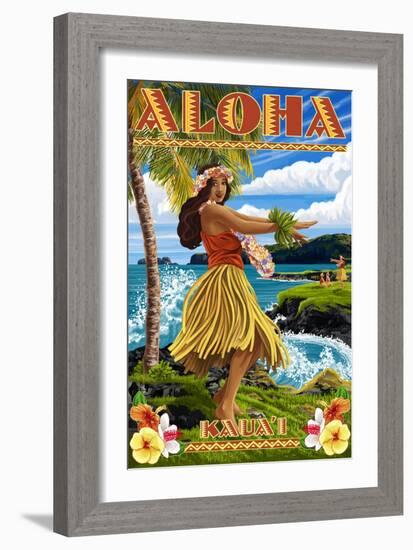 Kauai, Hawaii - Hula Girl on Coast-Lantern Press-Framed Art Print