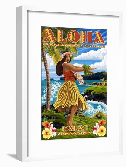 Kauai, Hawaii - Hula Girl on Coast-Lantern Press-Framed Art Print