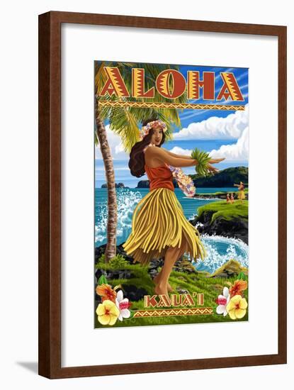 Kauai, Hawaii - Hula Girl on Coast-Lantern Press-Framed Art Print
