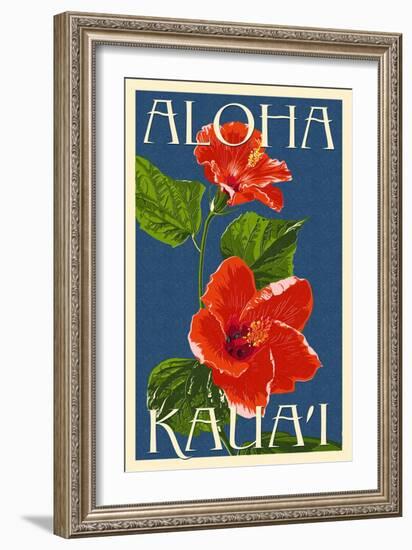 Kauai, Hawaii - Red Hibiscus-Lantern Press-Framed Art Print