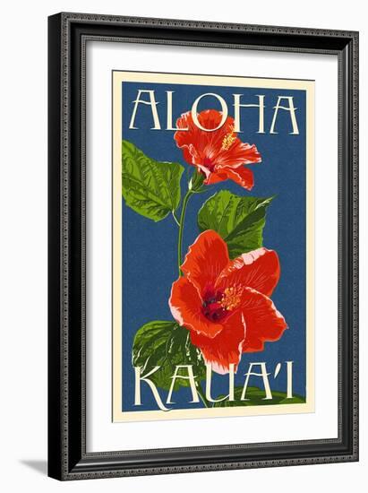 Kauai, Hawaii - Red Hibiscus-Lantern Press-Framed Art Print