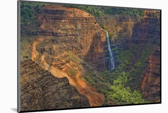 Kauai, Hawaii. Waimea Canyon State Park red cliffs from above canyon with waterfall-Bill Bachmann-Mounted Photographic Print