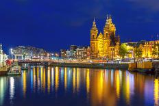Night Amsterdam Canal and Centraal Station-kavalenkava volha-Photographic Print