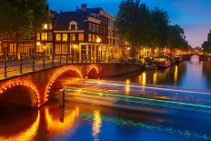 Night City View of Amsterdam Canal and Bridge-kavalenkava volha-Photographic Print