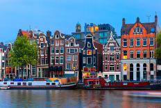 Night City View of Amsterdam Canal with Dutch Houses-kavalenkava volha-Framed Photographic Print