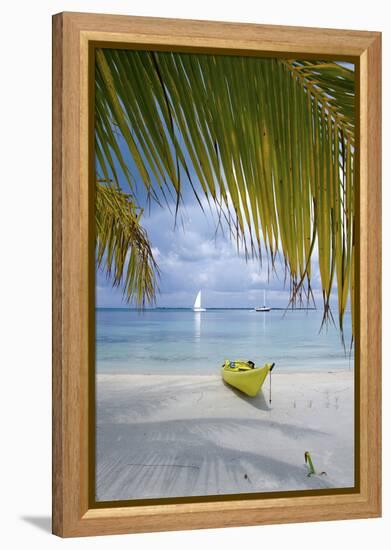 Kayak on White Sand Beach, Southwater Cay, Stann Creek, Belize-Cindy Miller Hopkins-Framed Premier Image Canvas