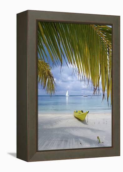 Kayak on White Sand Beach, Southwater Cay, Stann Creek, Belize-Cindy Miller Hopkins-Framed Premier Image Canvas