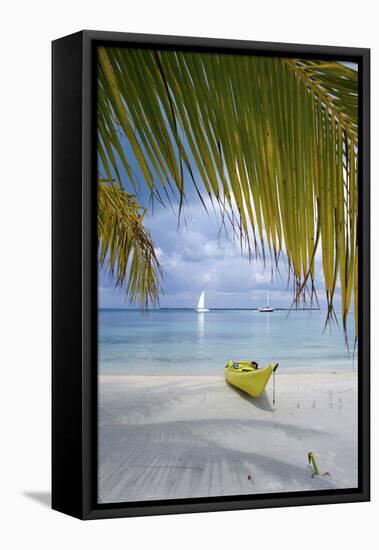 Kayak on White Sand Beach, Southwater Cay, Stann Creek, Belize-Cindy Miller Hopkins-Framed Premier Image Canvas