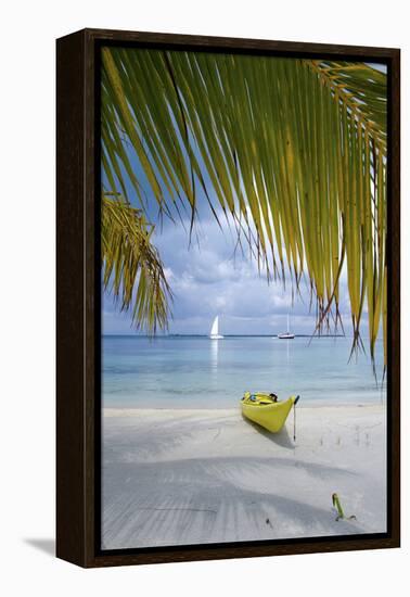 Kayak on White Sand Beach, Southwater Cay, Stann Creek, Belize-Cindy Miller Hopkins-Framed Premier Image Canvas
