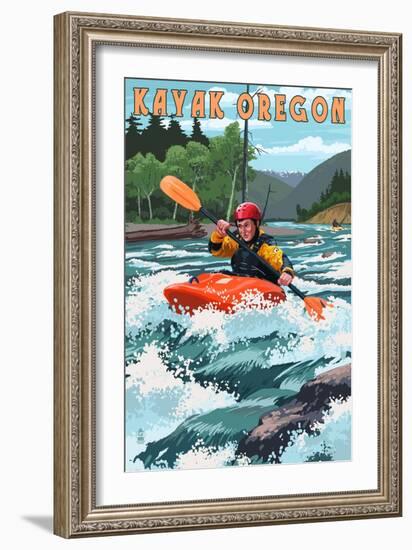 Kayak Oregon - River Scene-Lantern Press-Framed Art Print