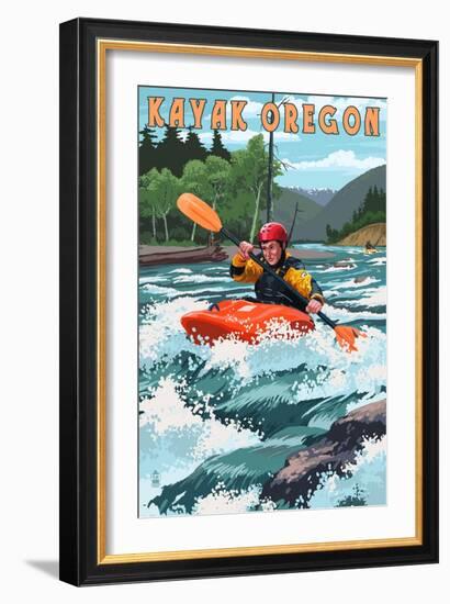 Kayak Oregon - River Scene-Lantern Press-Framed Art Print