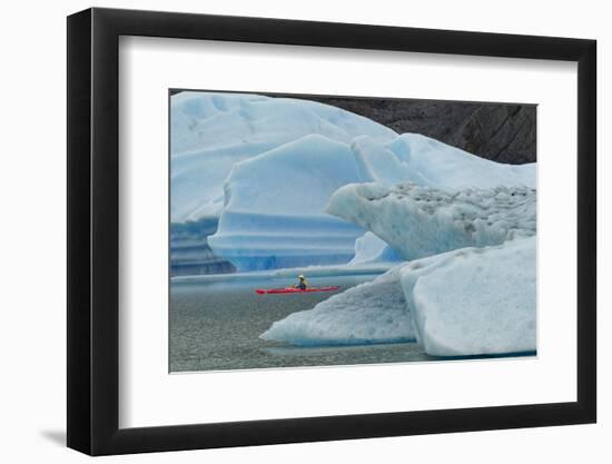 Kayaker exploring Grey Lake amid icebergs, Torres del Paine National Park, Chile, Patagonia-Adam Jones-Framed Photographic Print