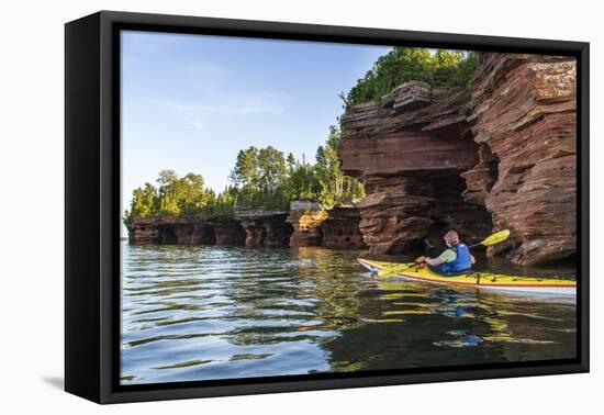 Kayaker in Sea Caves, Devils Island, Apostle Islands National Lakeshore, Wisconsin, USA-Chuck Haney-Framed Premier Image Canvas