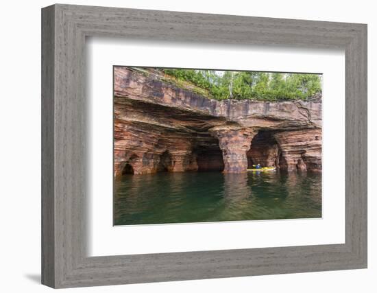 Kayaker in Sea Caves, Devils Island, Apostle Islands National Lakeshore, Wisconsin, USA-Chuck Haney-Framed Photographic Print