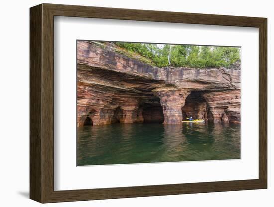 Kayaker in Sea Caves, Devils Island, Apostle Islands National Lakeshore, Wisconsin, USA-Chuck Haney-Framed Photographic Print