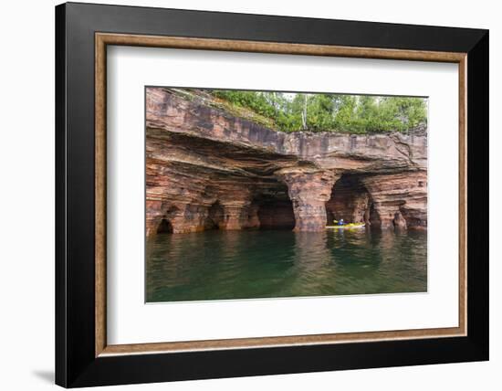 Kayaker in Sea Caves, Devils Island, Apostle Islands National Lakeshore, Wisconsin, USA-Chuck Haney-Framed Photographic Print