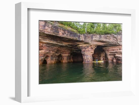 Kayaker in Sea Caves, Devils Island, Apostle Islands National Lakeshore, Wisconsin, USA-Chuck Haney-Framed Photographic Print