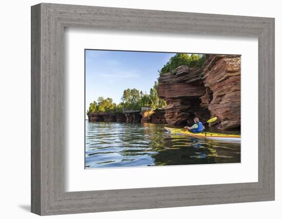 Kayaker in Sea Caves, Devils Island, Apostle Islands National Lakeshore, Wisconsin, USA-Chuck Haney-Framed Photographic Print