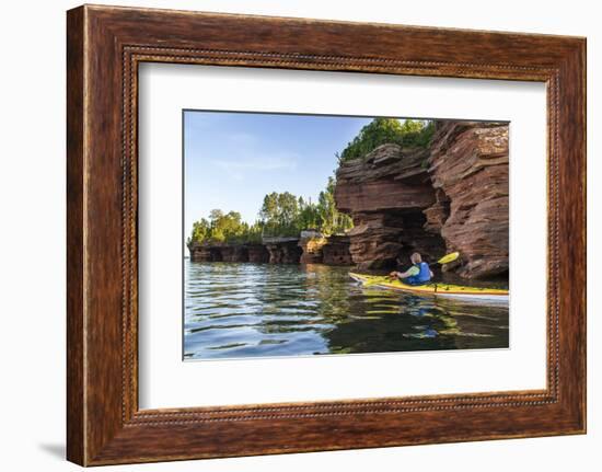 Kayaker in Sea Caves, Devils Island, Apostle Islands National Lakeshore, Wisconsin, USA-Chuck Haney-Framed Photographic Print