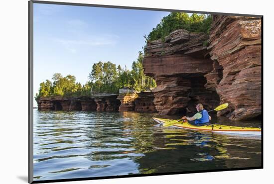 Kayaker in Sea Caves, Devils Island, Apostle Islands National Lakeshore, Wisconsin, USA-Chuck Haney-Mounted Photographic Print