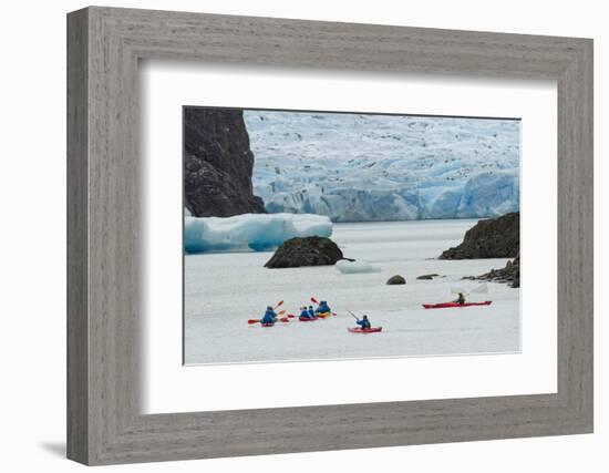 Kayaker's exploring Grey Lake and Grey Glacier, Torres del Paine National Park, Chile, Patagonia-Adam Jones-Framed Photographic Print