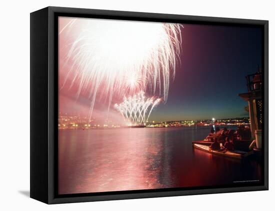 Kayakers and Houseboaters with 4th of July Fireworks over Lake Union, Seattle, Washington, USA-William Sutton-Framed Premier Image Canvas