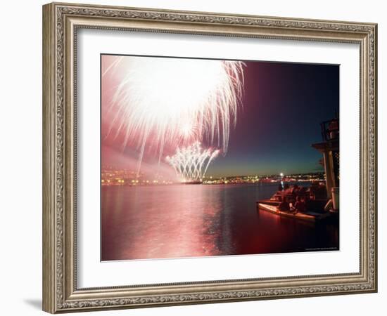 Kayakers and Houseboaters with 4th of July Fireworks over Lake Union, Seattle, Washington, USA-William Sutton-Framed Photographic Print