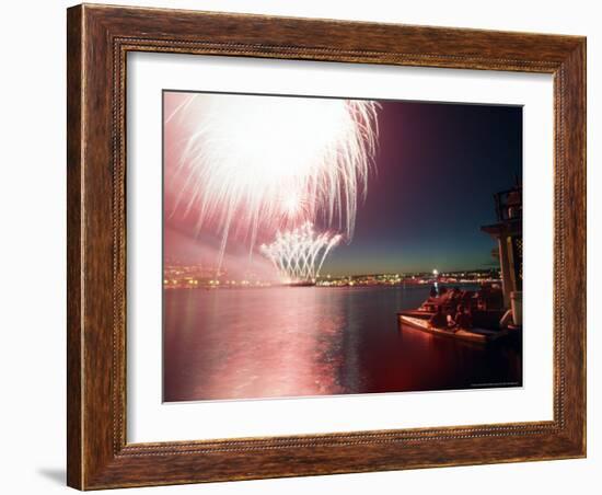 Kayakers and Houseboaters with 4th of July Fireworks over Lake Union, Seattle, Washington, USA-William Sutton-Framed Photographic Print