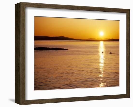 Kayakers at sunset, San Juan Island, WA. Haro Strait, Vancouver Island in the background-Stuart Westmorland-Framed Photographic Print