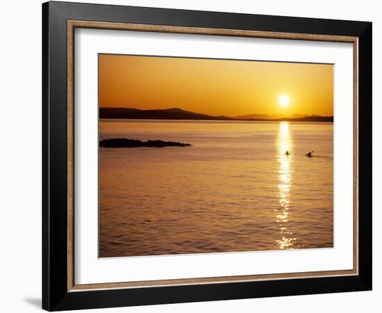 Kayakers at sunset, San Juan Island, WA. Haro Strait, Vancouver Island in the background-Stuart Westmorland-Framed Photographic Print