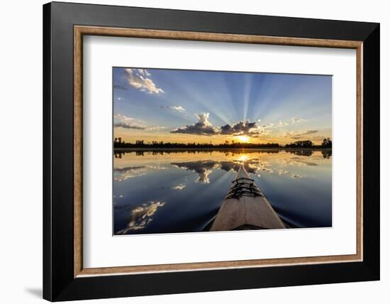 Kayaking into sunset rays on McWennger Slough, Kalispell, Montana, USA-Chuck Haney-Framed Photographic Print