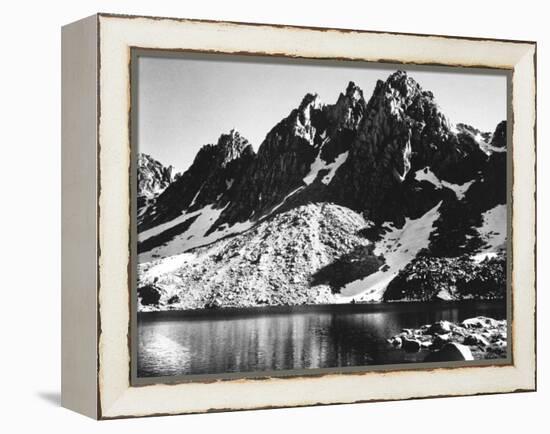 "Kearsarge Pinnacles," Partially Snow-Covered Rocky Formations Along the Edge of the River-Ansel Adams-Framed Premier Image Canvas