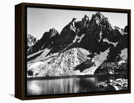 "Kearsarge Pinnacles," Partially Snow-Covered Rocky Formations Along the Edge of the River-Ansel Adams-Framed Premier Image Canvas