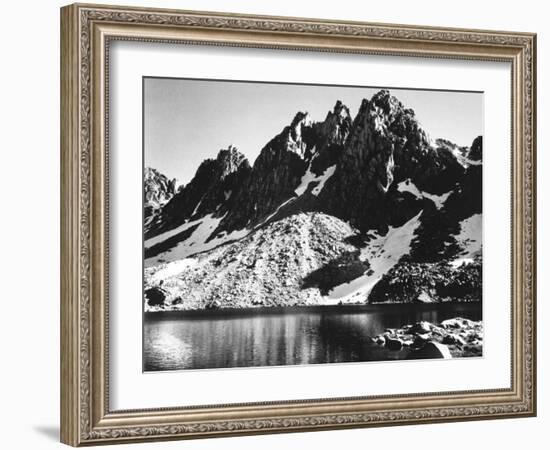 "Kearsarge Pinnacles," Partially Snow-Covered Rocky Formations Along the Edge of the River-Ansel Adams-Framed Premium Photographic Print