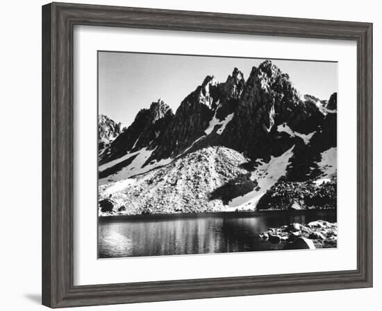 "Kearsarge Pinnacles," Partially Snow-Covered Rocky Formations Along the Edge of the River-Ansel Adams-Framed Premium Photographic Print